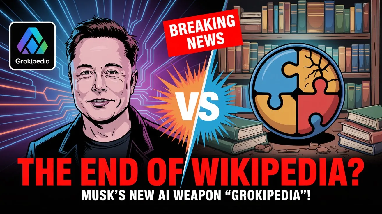 Grokipedia vs Wikipedia: Elon Musk-এর AI এবং মানুষের তথ্যের লড়াই একটি ছবিতে ইলন মাস্ক ও গ্রোকিপিডিয়া লোগো এবং উইকিপিডিয়া লোগোর মধ্যেকার প্রতিদ্বন্দ্বিতা দেখানো হয়েছে, যা AI এবং মানব-সম্পাদিত জ্ঞানের লড়াইয়ের প্রতীক।