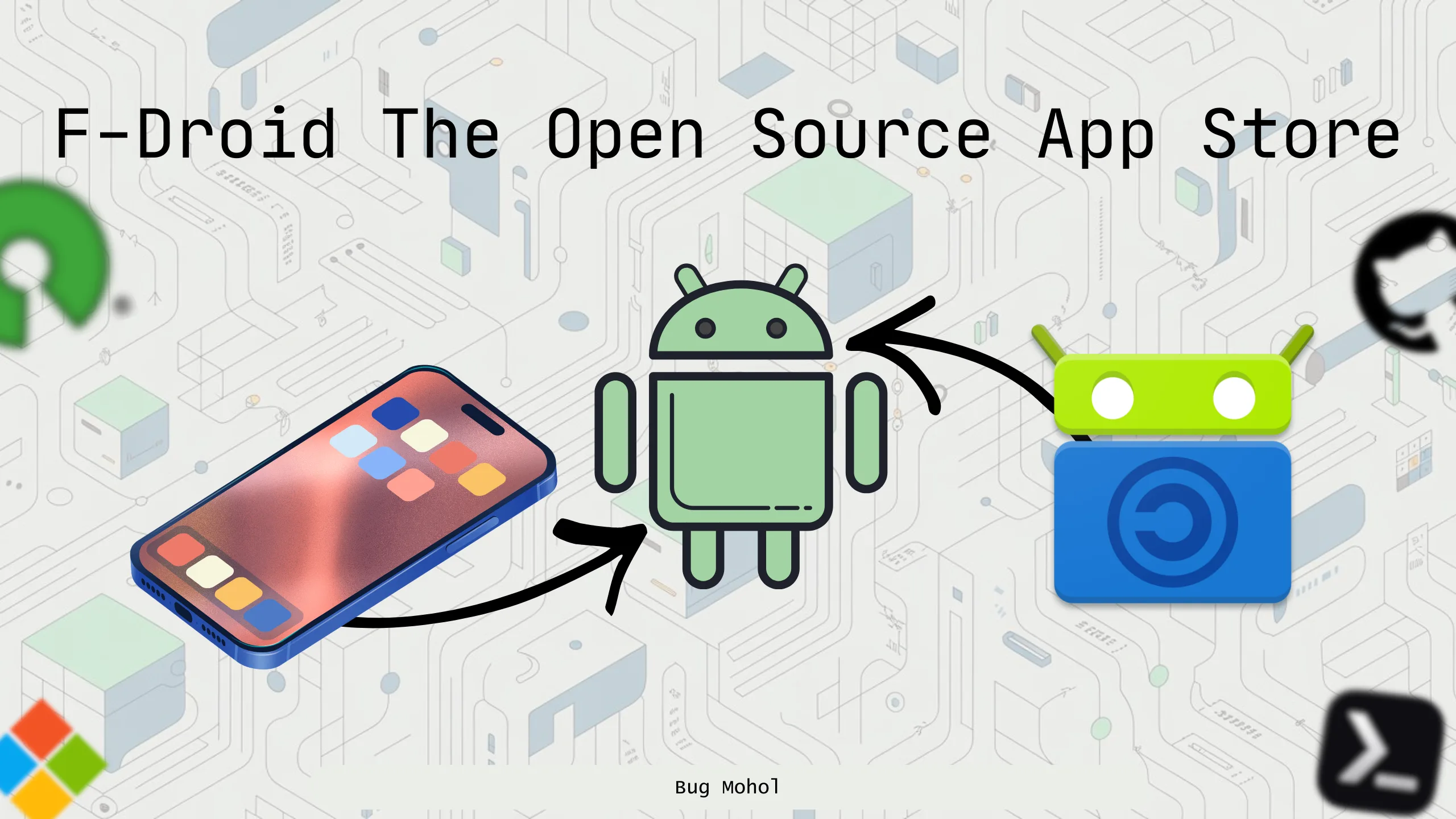 Clean isometric technology pattern background for F-Droid and open source security article by Bug Moho Clean isometric technology pattern background for F-Droid and open source security article by Bug Moho